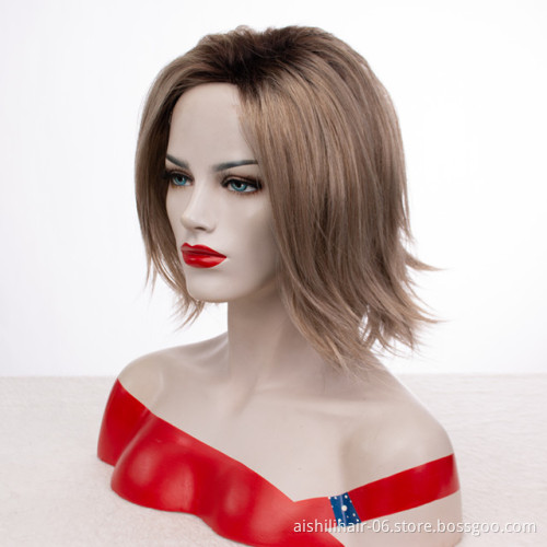 Wholesale heat resistant stort natural straight ombre light brown color  wig 8 inch synthetic hair wig for women